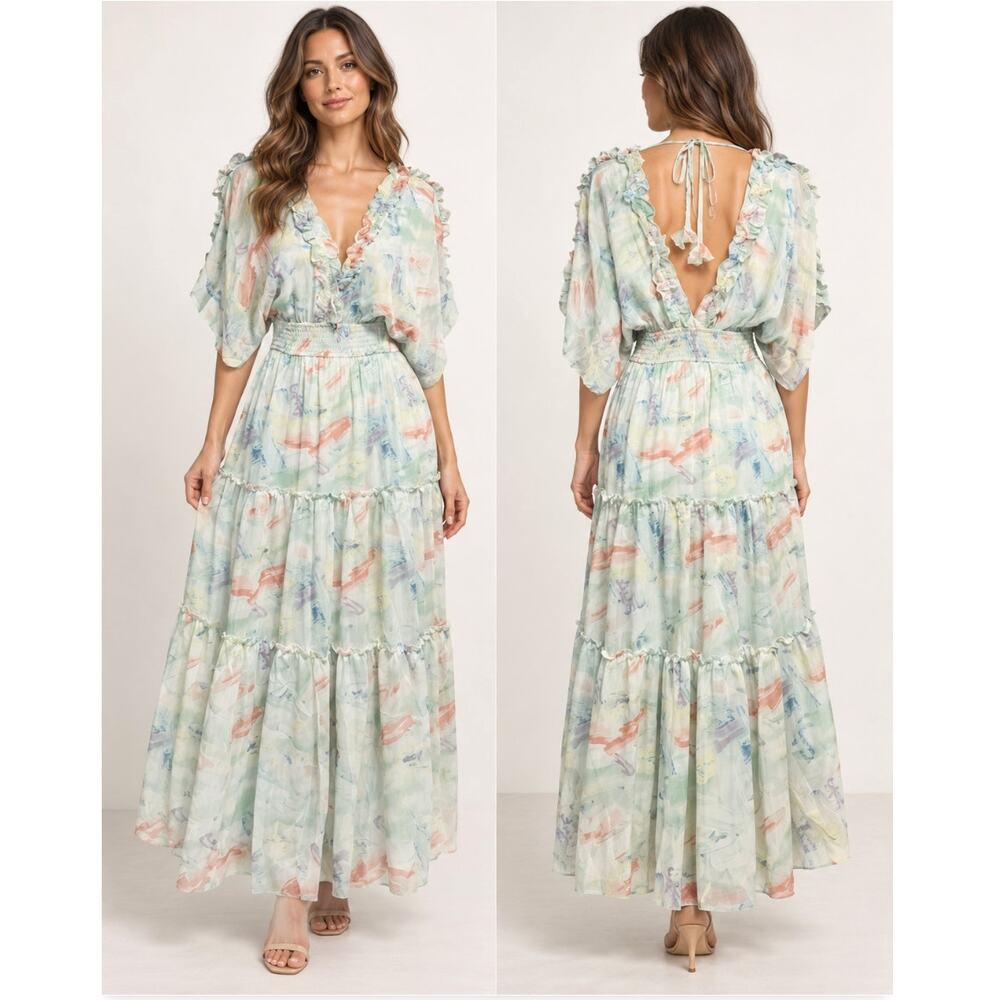 Storia S Pastel Watercolor Ruffle Maxi Dress Smocked Waist Boho Resort